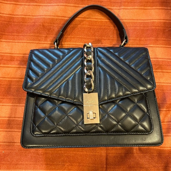 ALDO Black Quilted Satchel Purse Top Handle Gold Chain Lock Structured Bag - Picture 3 of 11